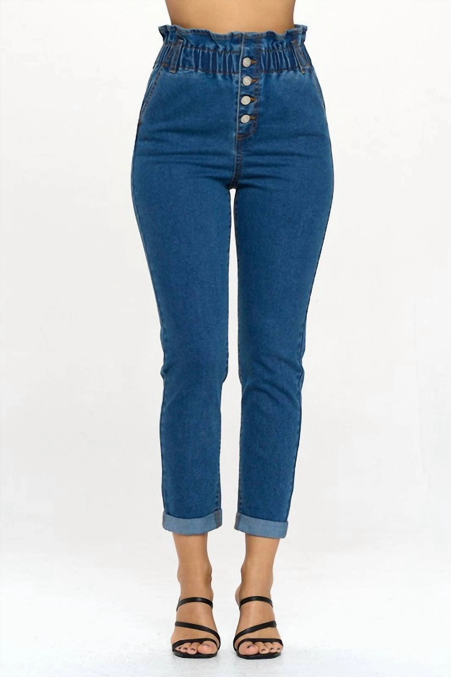 Paperbag Smocked Waist Buttonfly Jeans In Denim bottoms for women sale
