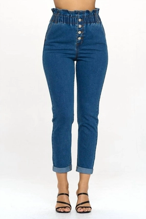Paperbag Smocked Waist Buttonfly Jeans In Denim bottoms for women sale