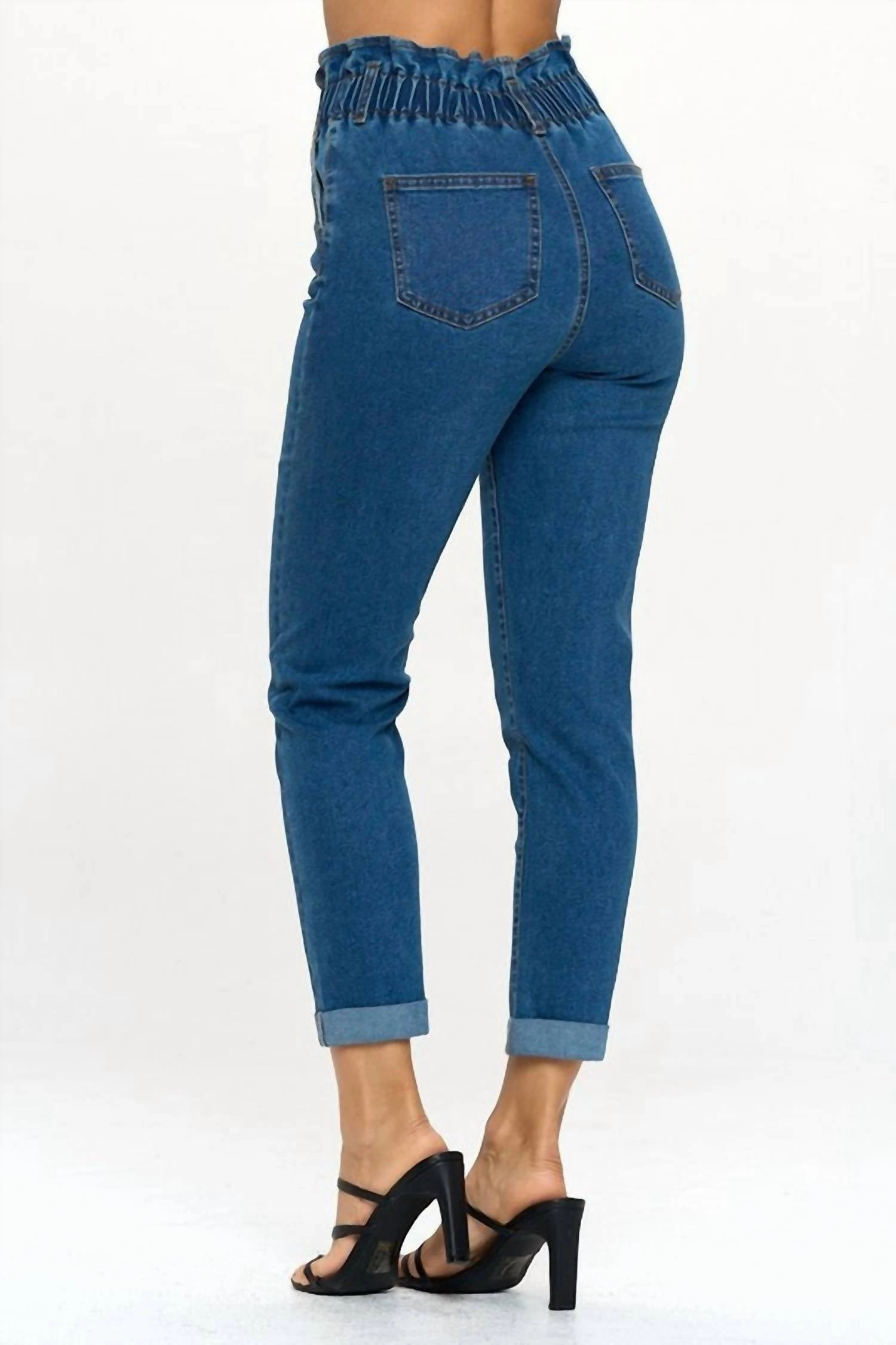 Paperbag Smocked Waist Buttonfly Jeans In Denim
