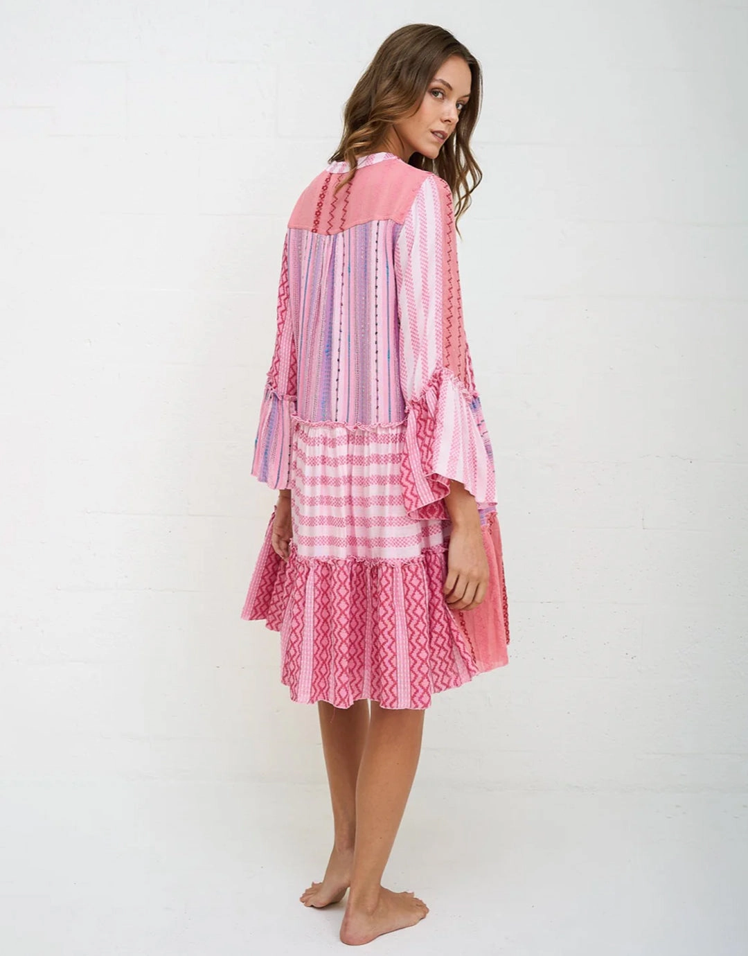 Patchwork Mini Boho Dress - Pink