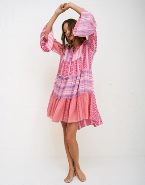 Patchwork Mini Boho Dress - Pink Swim Womens - bikinis clearance