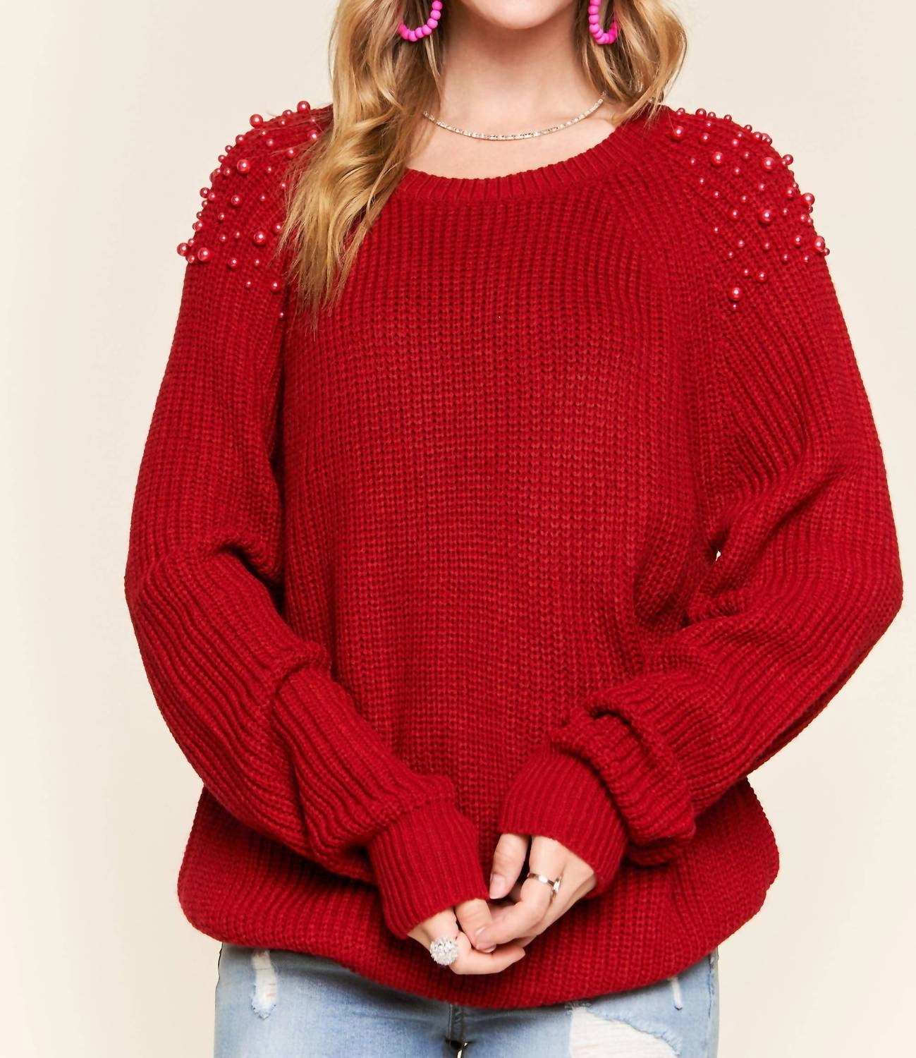 Pearl Accent Sweater In Red