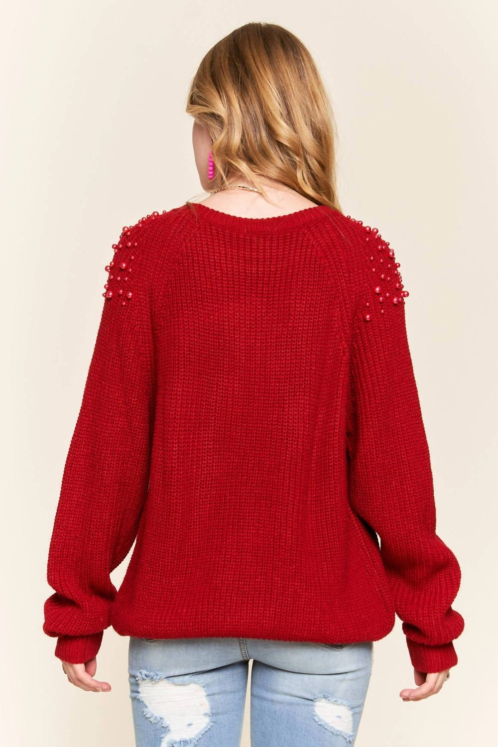 Pearl Accent Sweater In Red