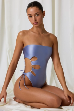 Pearl-Detail Cut-Out Bandeau Swimsuit in Lavender Purple Swim Womens - cover-ups clearance