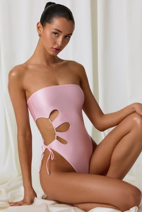Pearl-Detail Cut-Out Bandeau Swimsuit in Soft Pink Swim Womens - cover-ups clearance