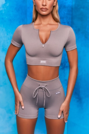 Perform Ribbed Short Sleeve Zip Front Crop Top in Dark Grey Tops - tops on sale