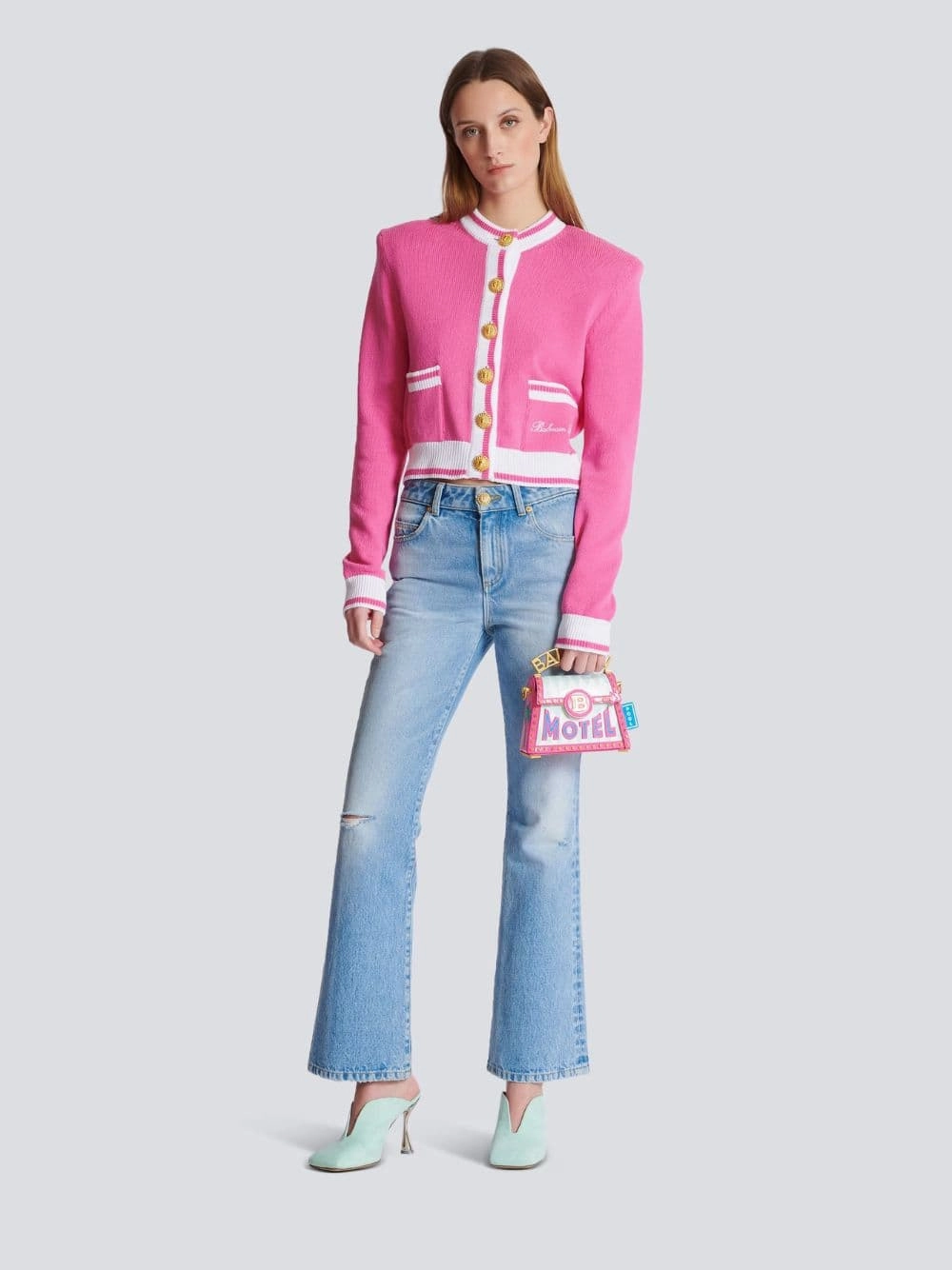 Pink Balmain Signature Knit Cardigan