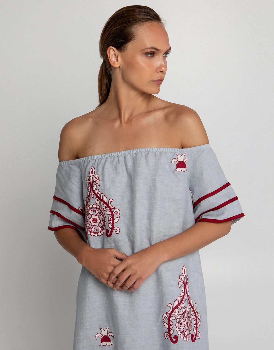 Pithari Off The Shoulder Dress - Light Grey and Wine