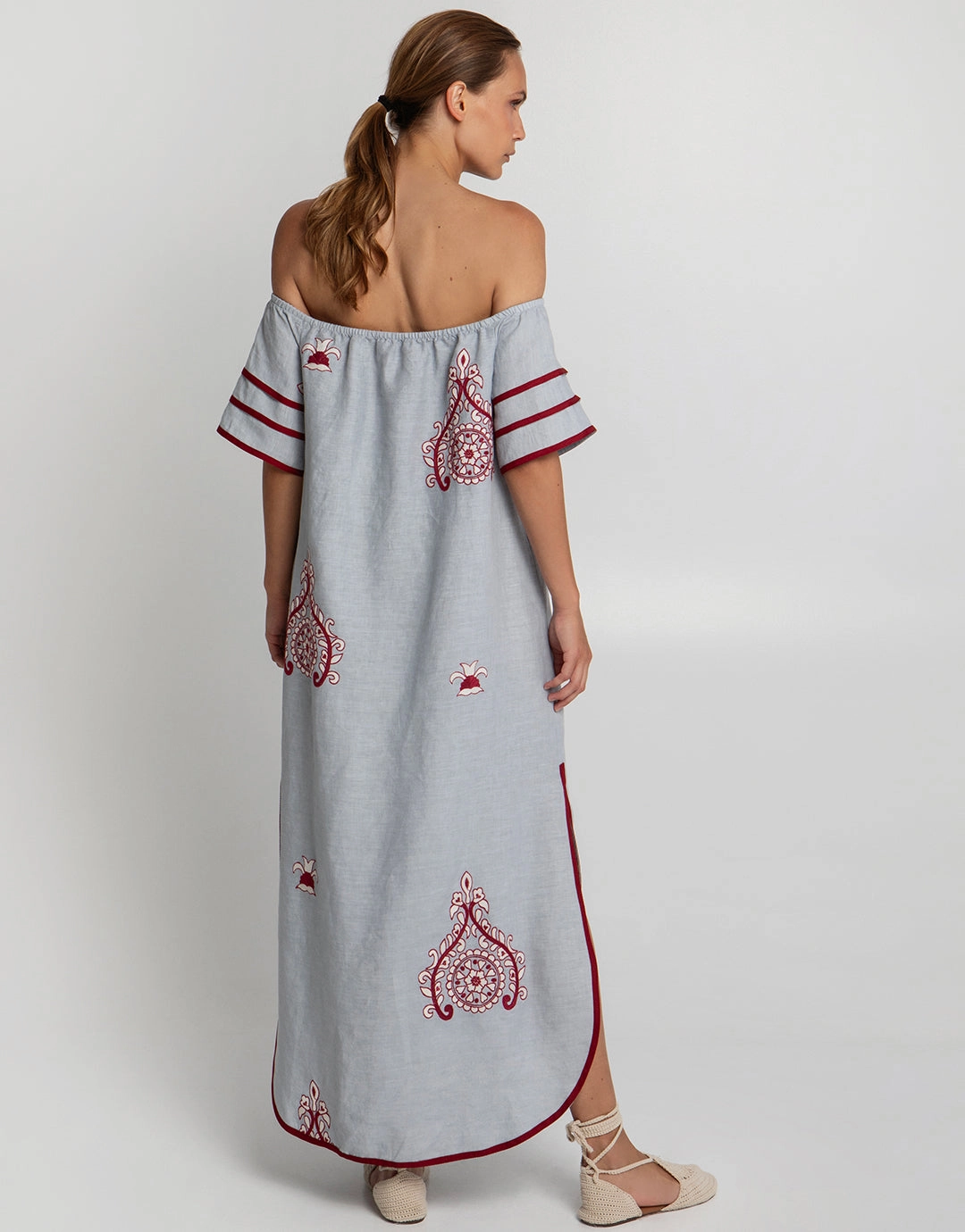 Pithari Off The Shoulder Dress - Light Grey and Wine