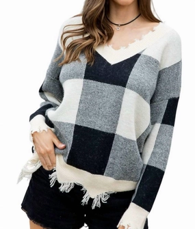 Plaid Frayed Sweater In Multi Tops Womens - button-up blouses