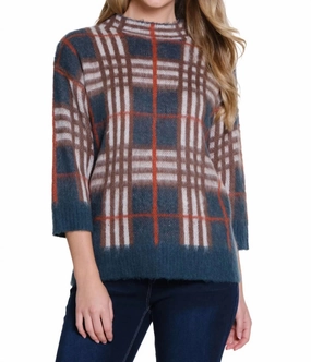 Plaid Mock Neck Sweater In Rich Teal Tops Womens - sheer tops clearance