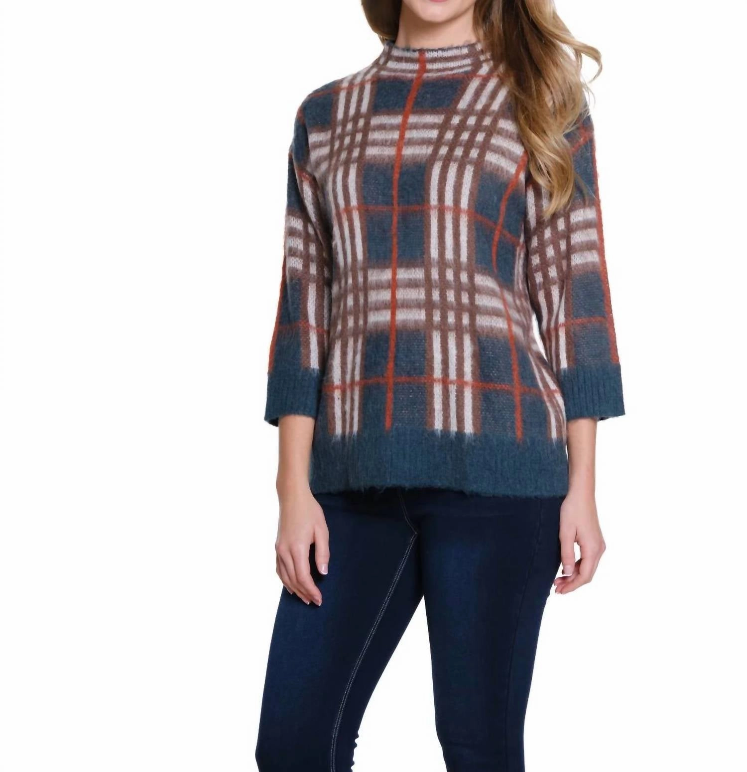 Plaid Mock Neck Sweater In Rich Teal