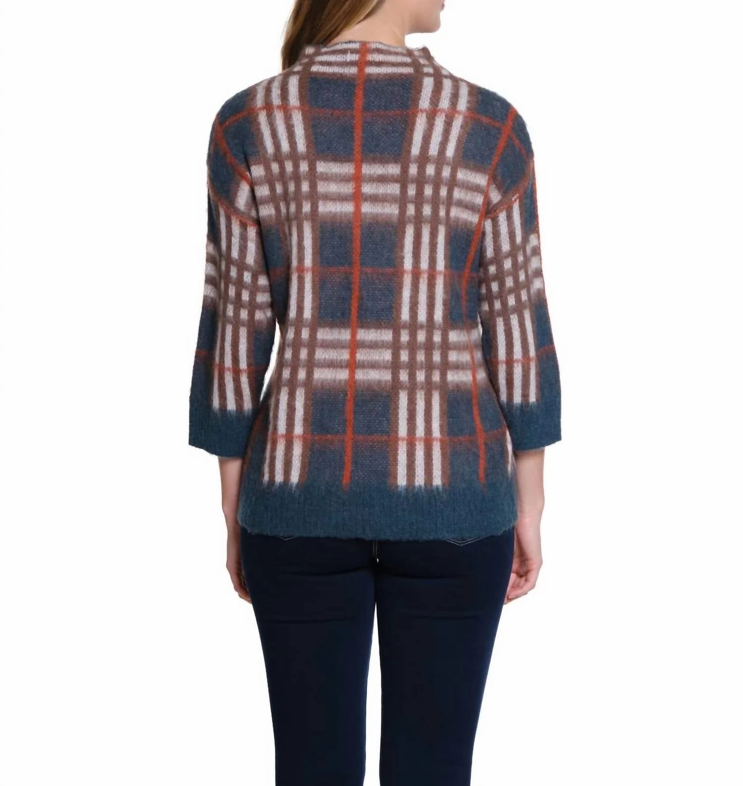 Plaid Mock Neck Sweater In Rich Teal