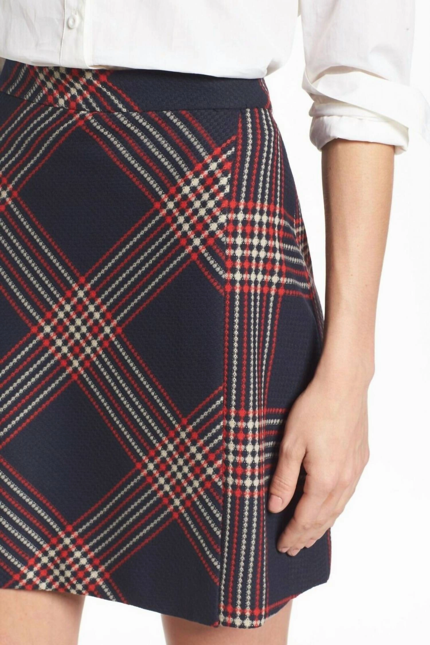 Plaid Tweed A Line Faux Wrap Mini Skirt In Red