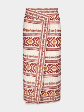 Pleno Sol-Embroidered Cotton Wrap Skirt womens slacks clearance