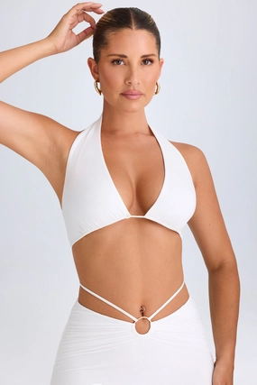 Plunge Hardware-Detail Halterneck Crop Top in White Tops - tops on sale