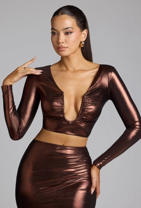 Plunge Neck Metallic Jersey Crop Top in Copper Bronze Tops - basic tees cheap