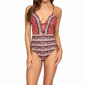 Plunge V-Neck One Piece Swimsuit In Arabian Spice Swim Womens - ruched swimwear outlet
