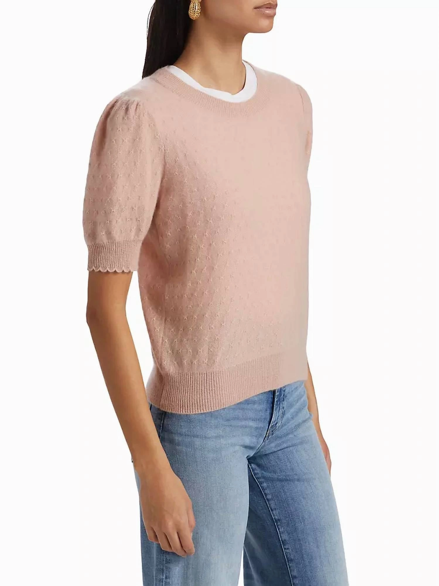 Pointelle Puff-Sleeve Sweater Top In Peony