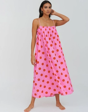 Polka Dot Midi Dress  - Pink Swim Womens - bikinis clearance