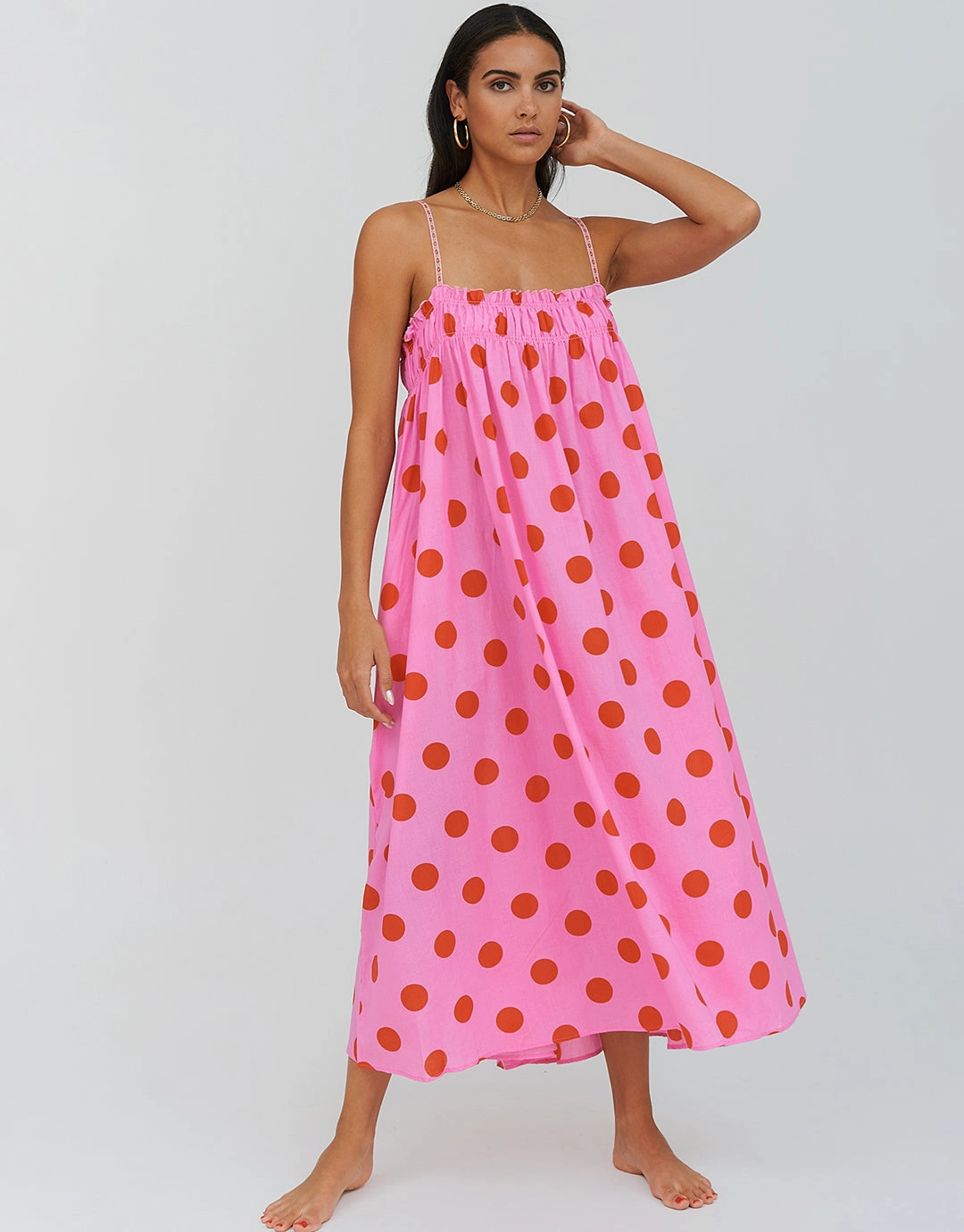 Polka Dot Midi Dress  - Pink Swim Womens - bikinis clearance