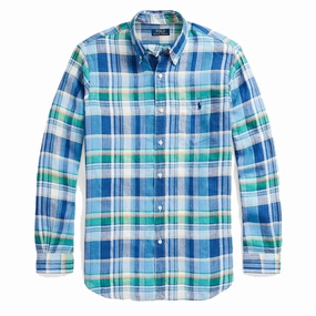 Polo Ralph Lauren Custom Fit Plaid Linen Shirt Blue/Green Multi mens tank tops best deals
