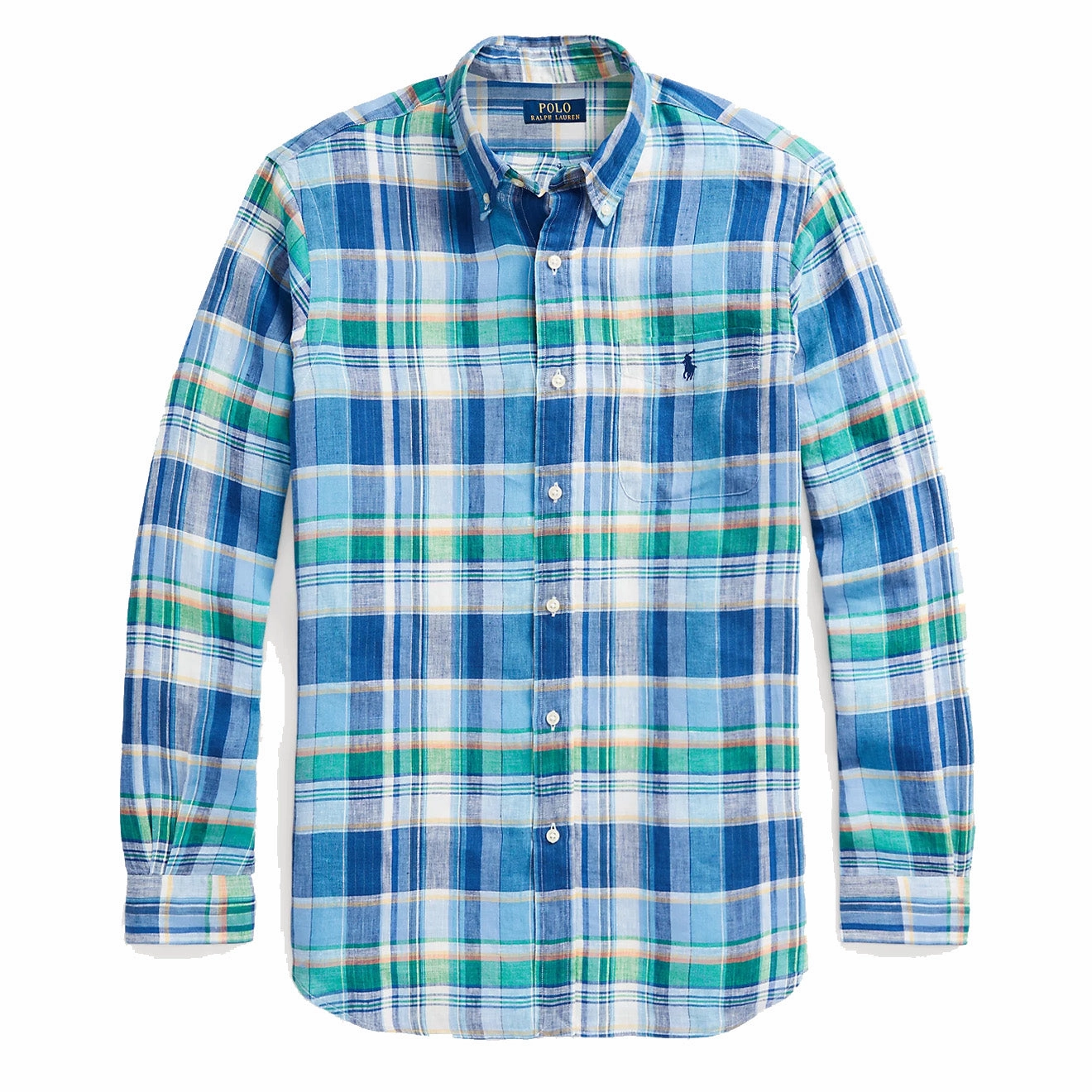 Polo Ralph Lauren Custom Fit Plaid Linen Shirt Blue/Green Multi mens tank tops best deals