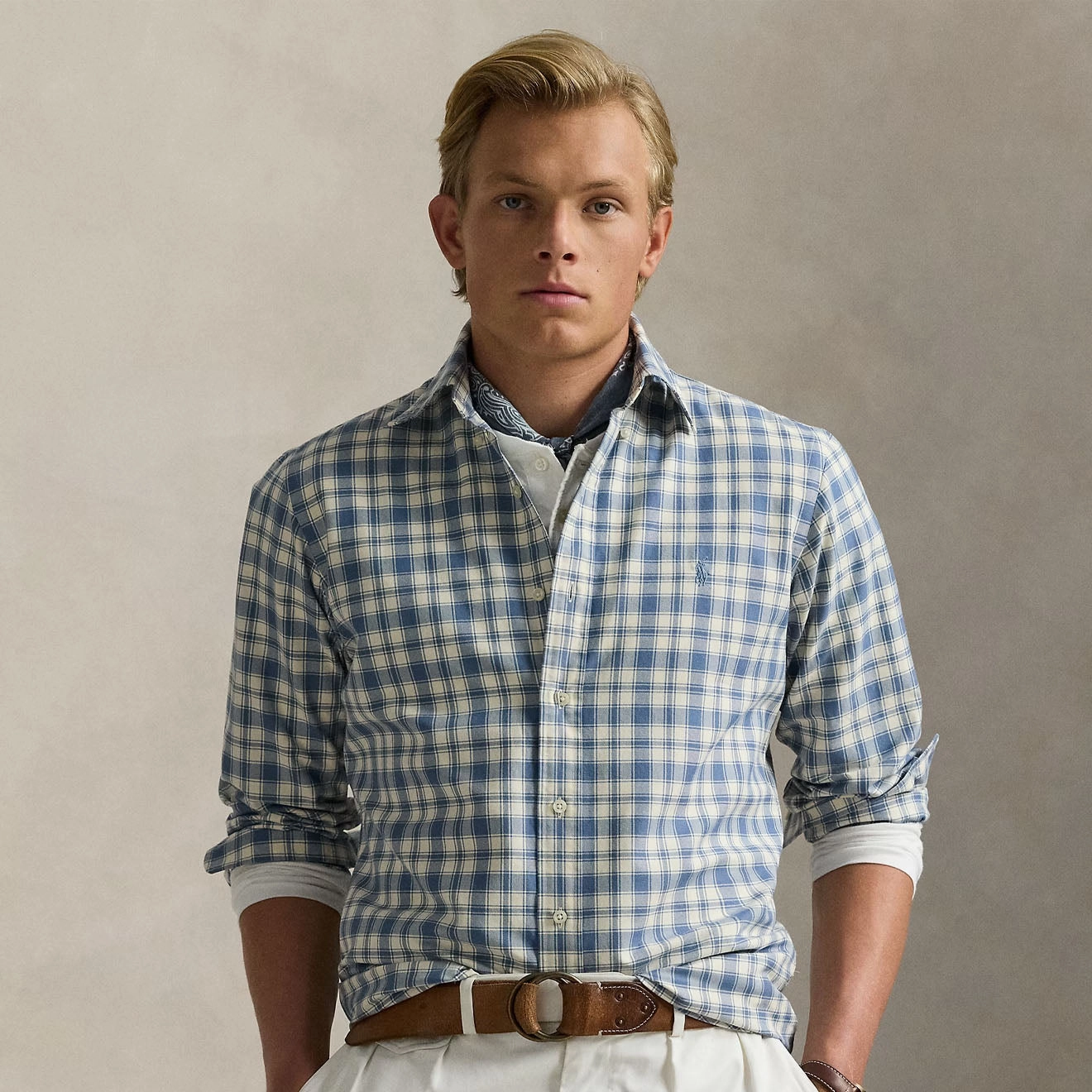 Polo Ralph Lauren Custom Fit Plaid Oxford Shirt Blue Cream