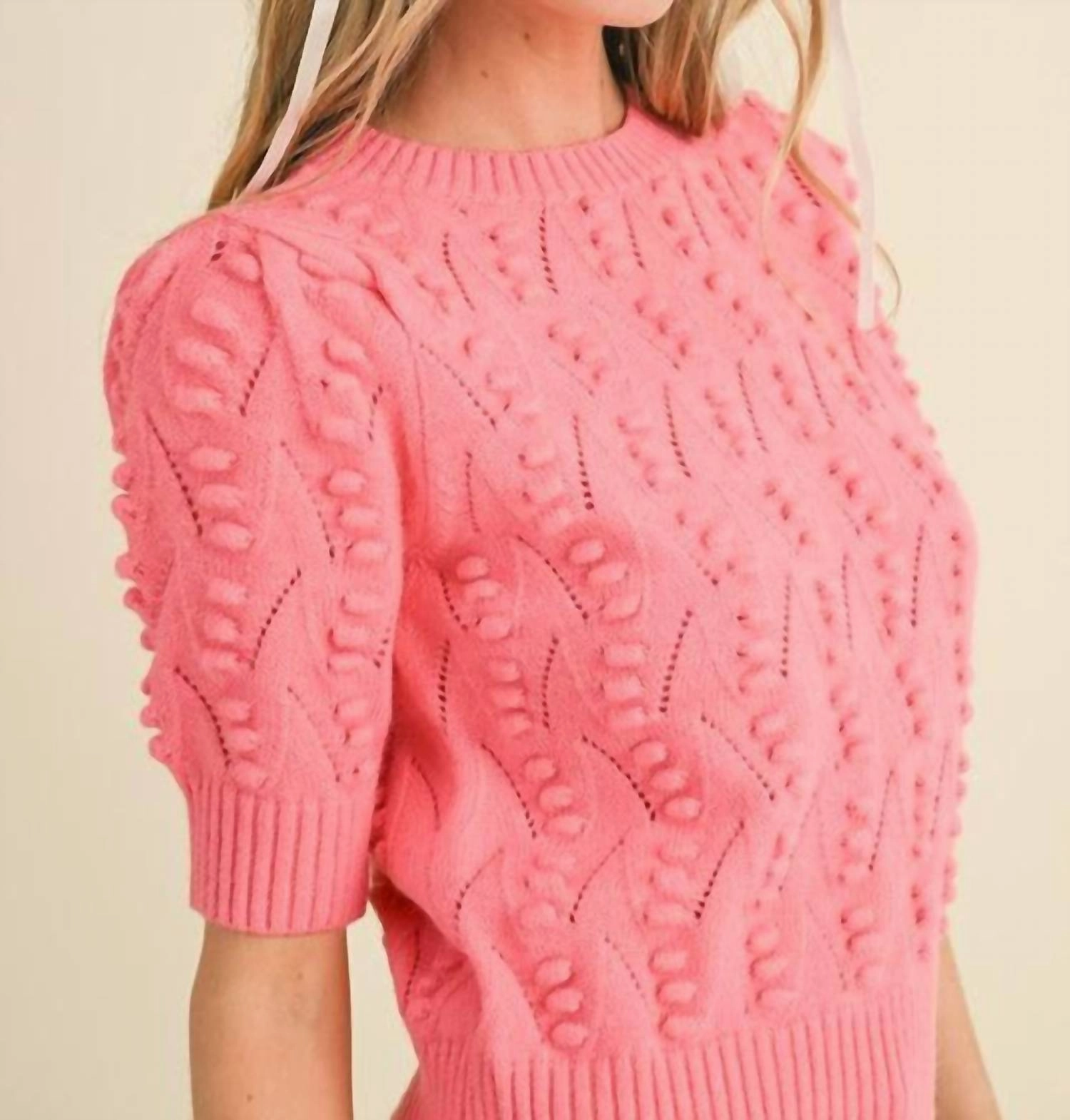Popcorn Knit Short Sleeve Sweater In Pink