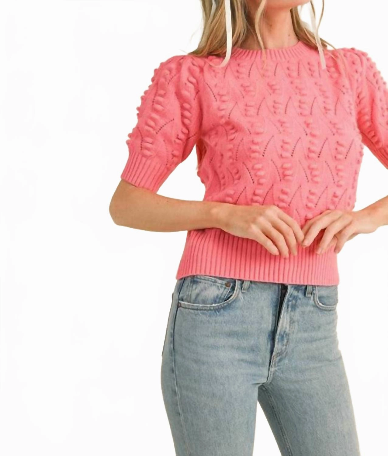 Popcorn Knit Short Sleeve Sweater In Pink