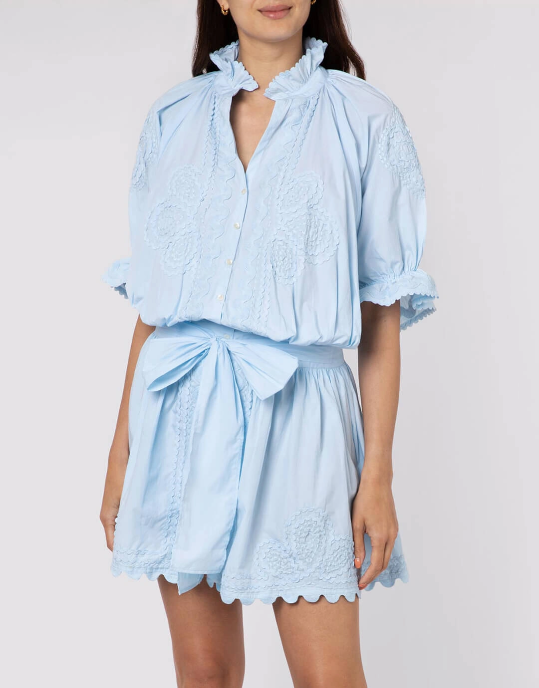 Poplin Blouson Dress with Ric-Rac Embroidery - Pale Blue Swim Womens - swimwear sale