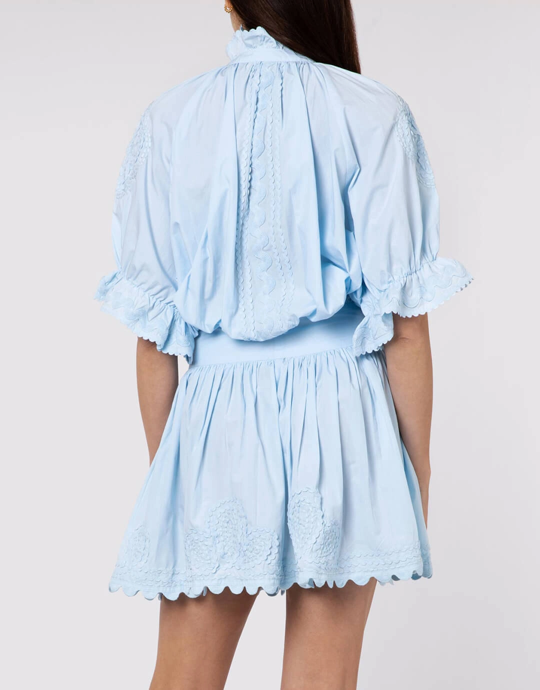 Poplin Blouson Dress with Ric-Rac Embroidery - Pale Blue