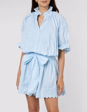 Poplin Blouson Dress with Ric-Rac Embroidery - Pale Blue Swim Womens - swimwear sale