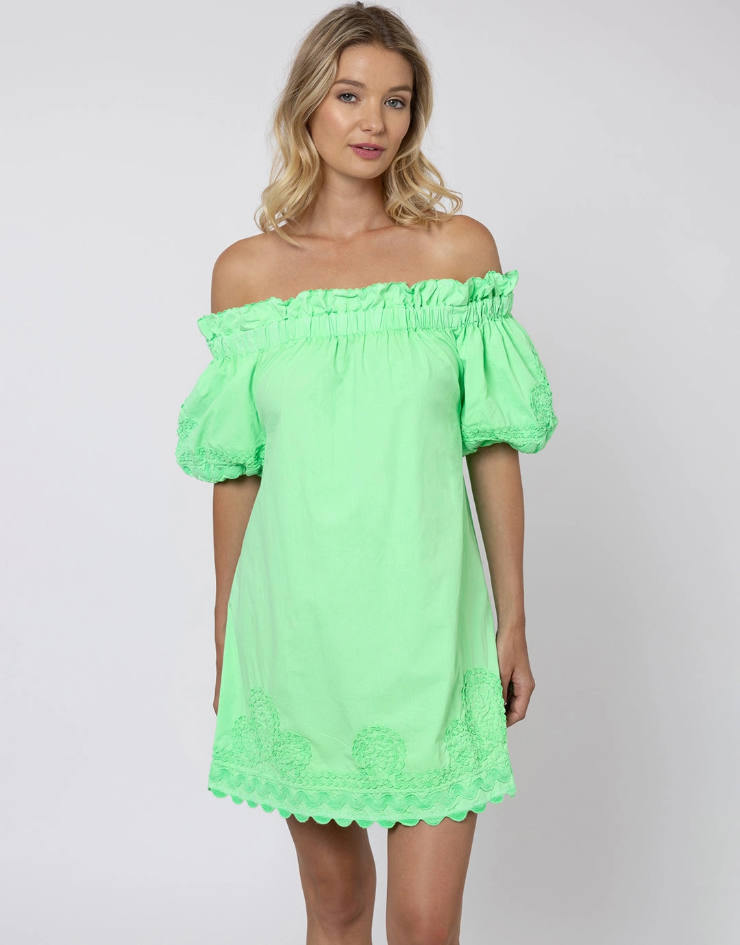 Poplin Off Shoulder Mini Dress with Ric-Rac - Apple
