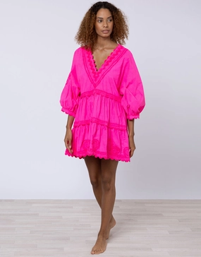 Poplin V-Neck Tiered Mini Dress with Ric-Rac - Indian Pink Swim Womens - bikinis clearance