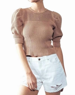 Puff Short Sleeve Knit Top In Taupe Tops Womens - asymmetrical tops