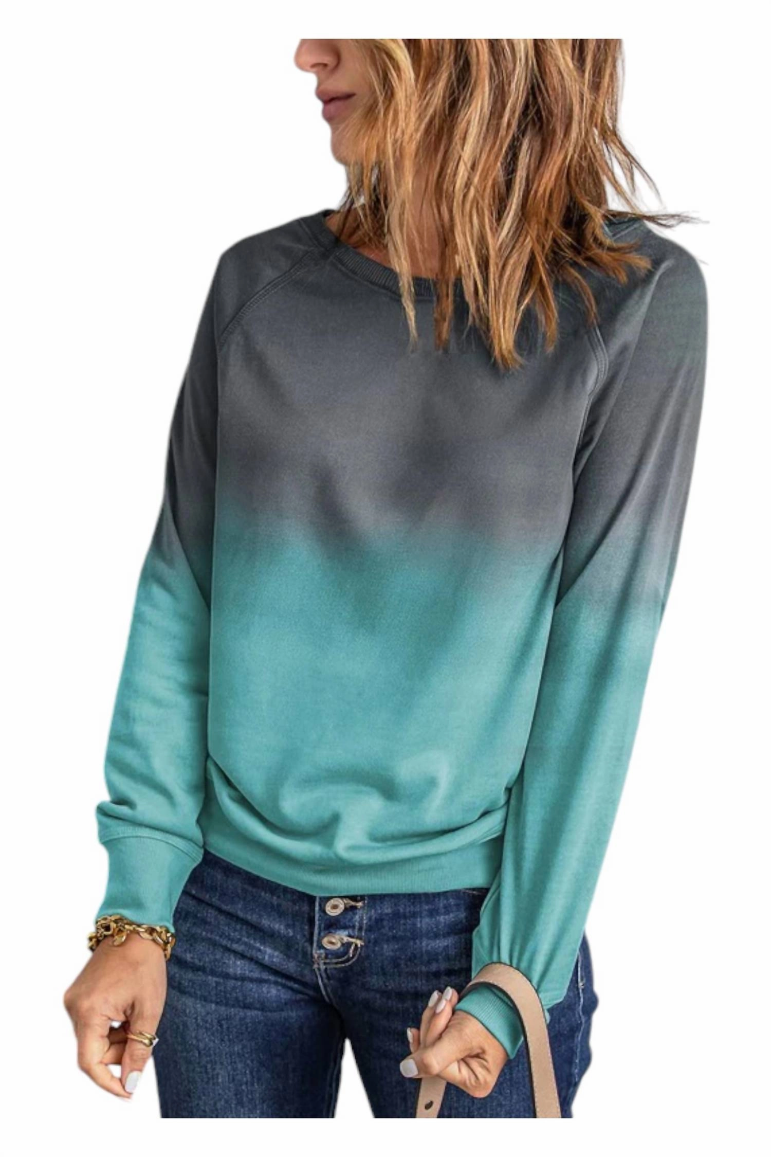 Pullover Sweatshirt In Teal Ombre Tops Womens - asymmetrical tops