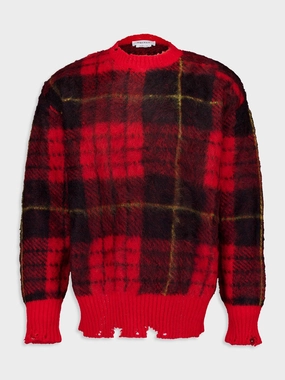 Red Tartan Oversized Mohair Distressed Jumper Knitwear Mens - men's sweaters sale