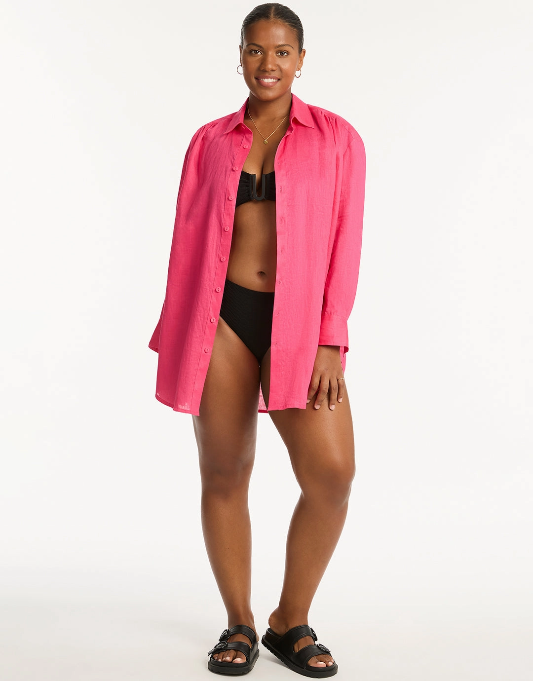 Resort Linen Beach Shirt - Hot Pink Swim Womens - bikinis clearance