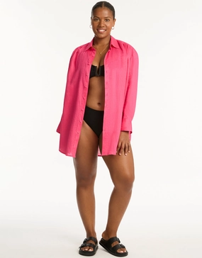 Resort Linen Beach Shirt - Hot Pink Swim Womens - bikinis clearance