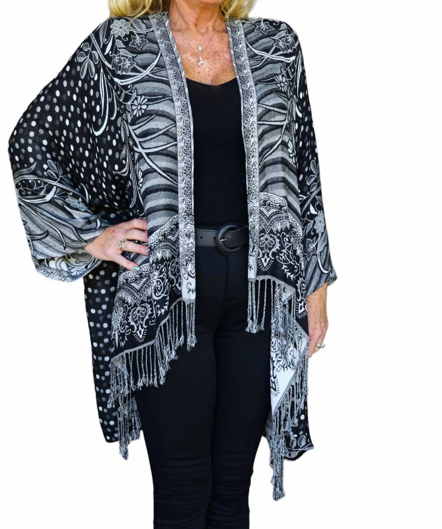 Reversible Kimono Cardigan In Black And White Tops Womens - asymmetrical tops