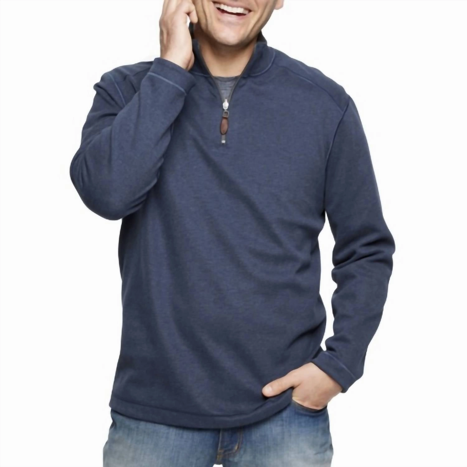 Reversible Solid Quarter Zip Sweater In Navy/brown