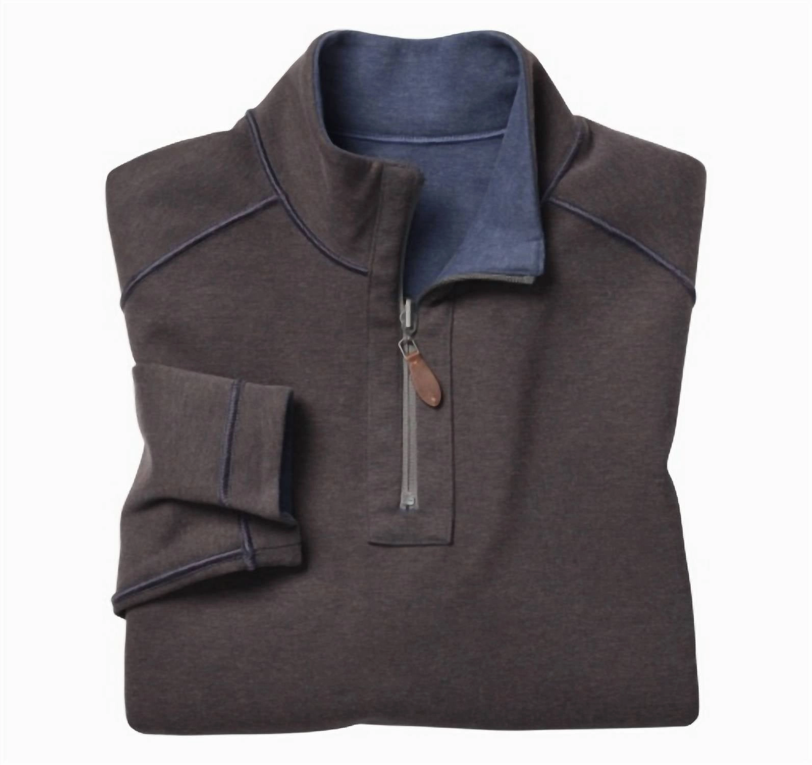 Reversible Solid Quarter Zip Sweater In Navy/brown