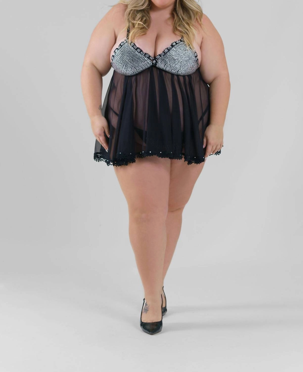 Rhinestone Babydoll Set In Black