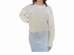 Rhinestone Detail Crew Neck Sweater In Beige Tops Womens - sheer tops clearance