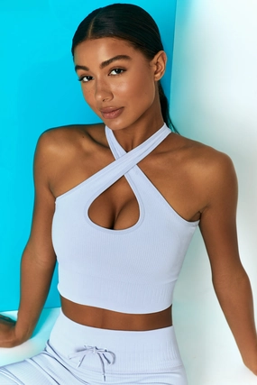 Ribbed Halter Crop Top in Cool Blue Tops - tops on sale