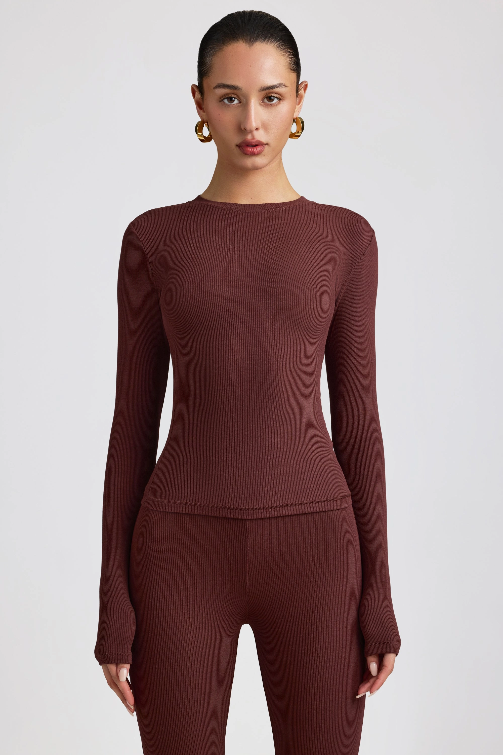 Ribbed Modal Crew Neck Top in Espresso
