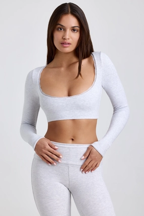 Ribbed Modal Lace-Trim Crop Top in Grey Tops - basic tees cheap