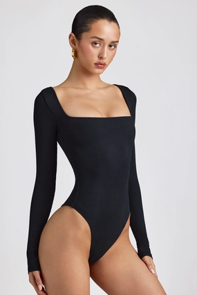 Ribbed Modal Long Sleeve Bodysuit in Black Tops - basic tees cheap
