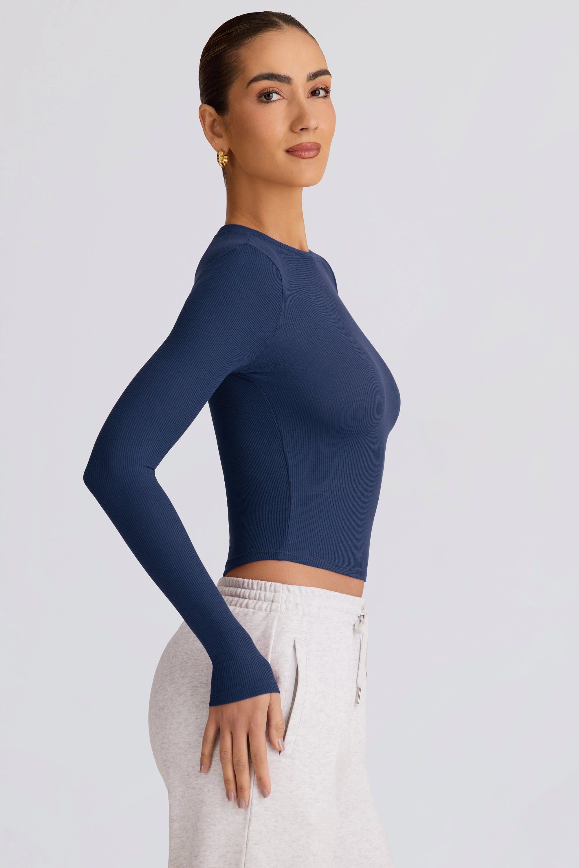 Ribbed Modal Long-Sleeve Top in Dark Navy